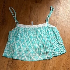 Pleated Turquoise & White Printed Spaghetti Strap Blouse